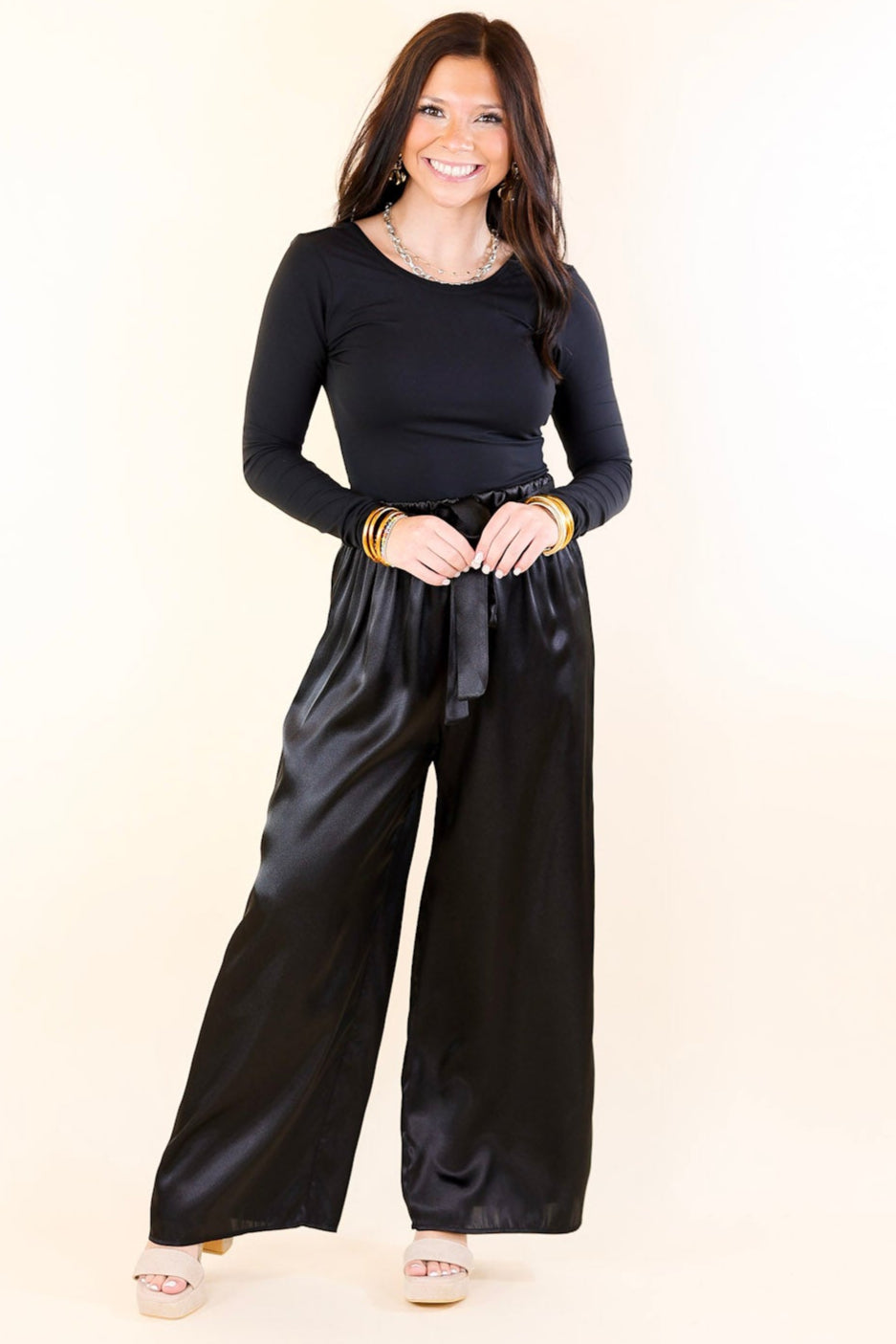 Dare To Dazzle Wide Leg Satin Pants with Waist Tie in Black