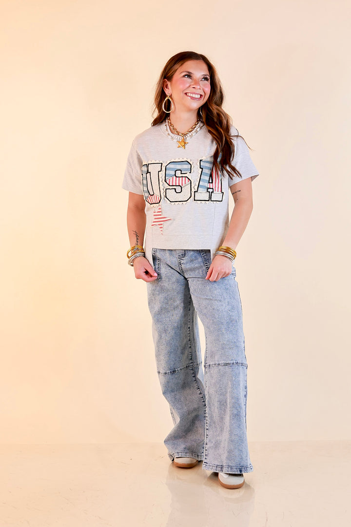 Simply Southern | All American Charm Lace Trim USA Patchwork Split Hem Graphic Tee in Heather Grey