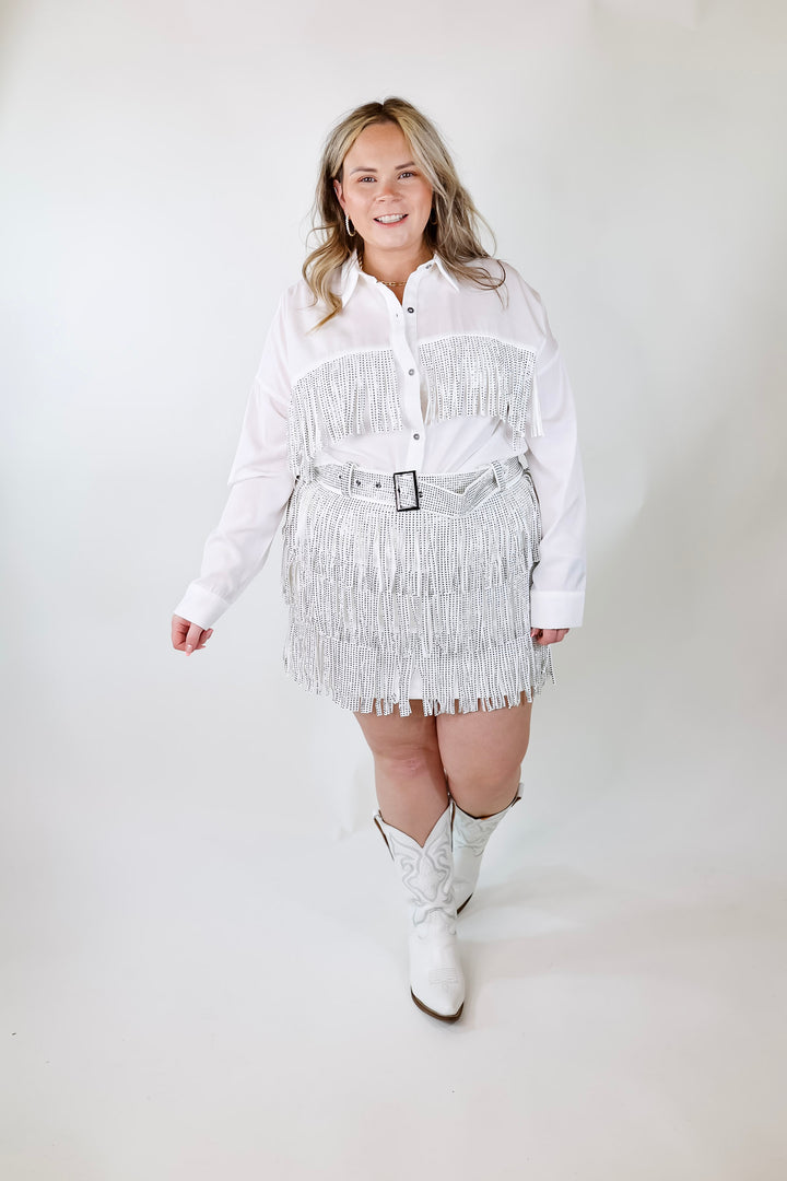 All That Shimmers Crystal Fringe Button Up Top with Long Sleeves in White - Giddy Up Glamour Boutique