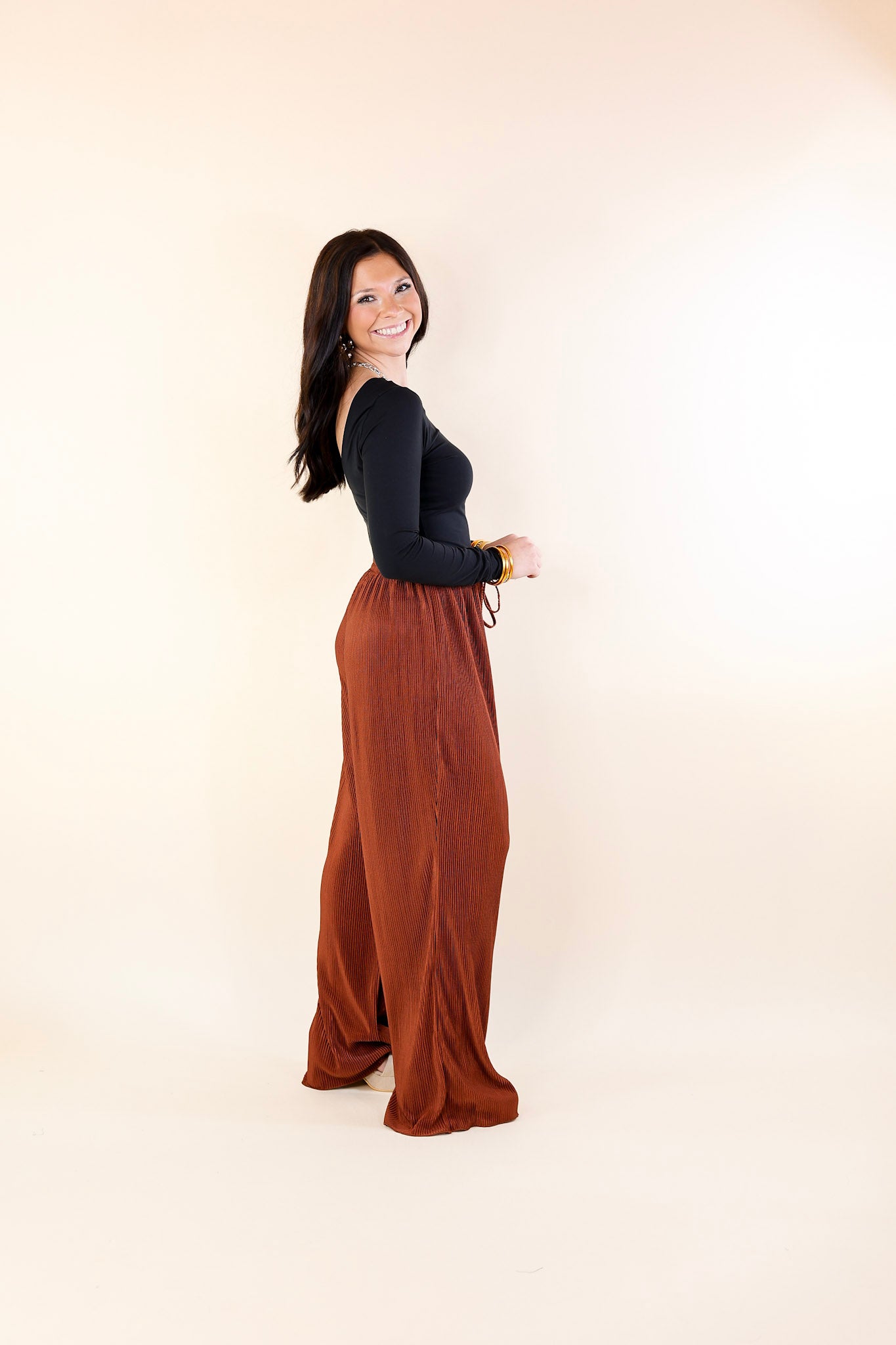 What You Admire Plissé Drawstring Pants in Rust Brown