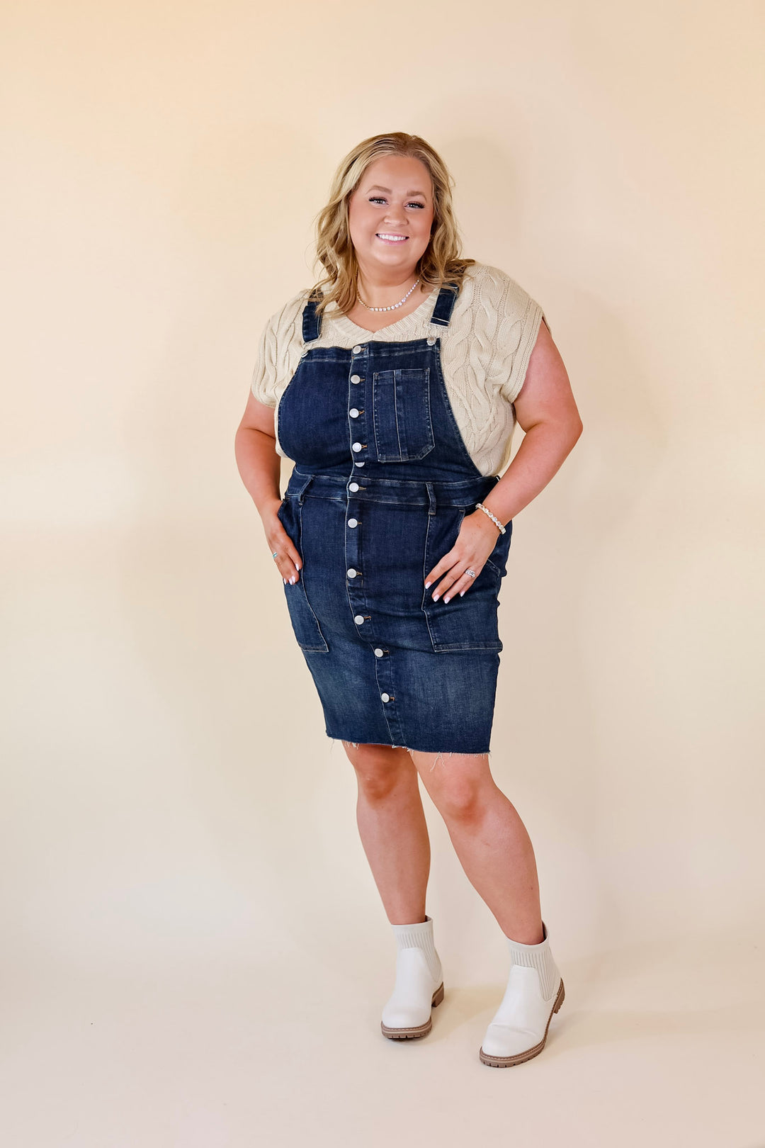 Judy Blue | Centered Around The Sun Denim Overall Dress in Dark Wash - Giddy Up Glamour Boutique