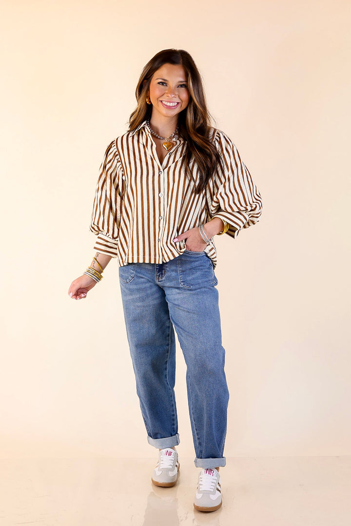 The Bold Type Striped Long Sleeve Button-Up Top in White with Chocolate Brown Stripes