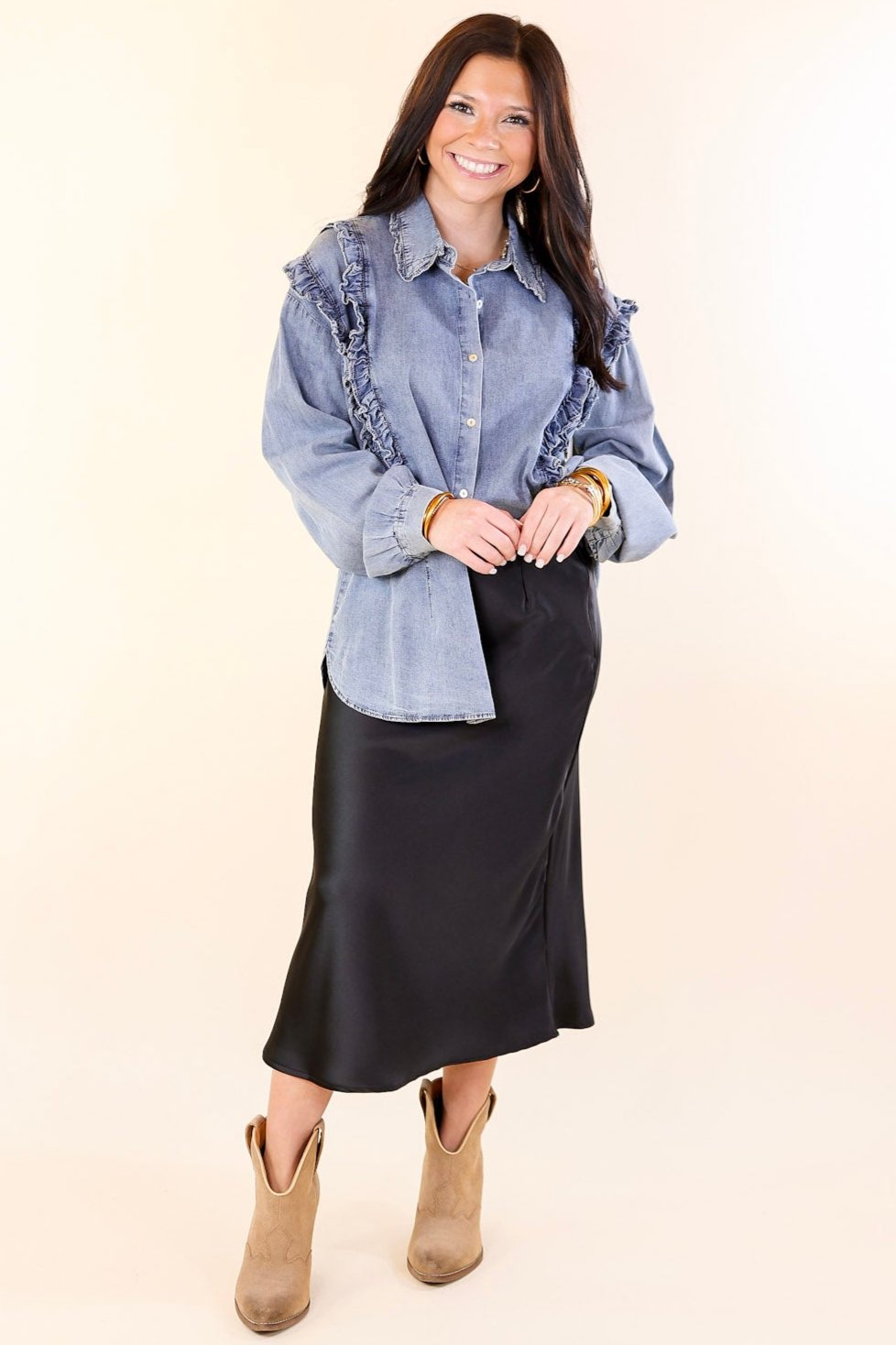 Attention To Detail Button Up Collared Denim Top with Ruffle Detail
