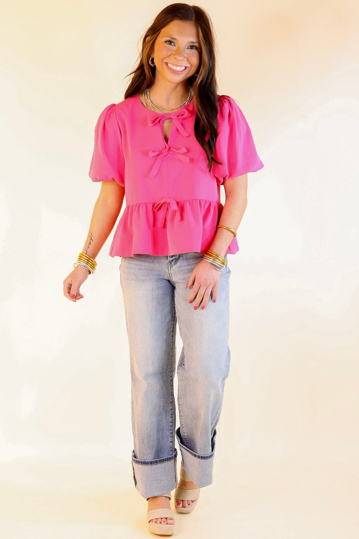 Simply Stunning Short Puff Sleeve Top with Bow Tie Detailing in Hot Pink
