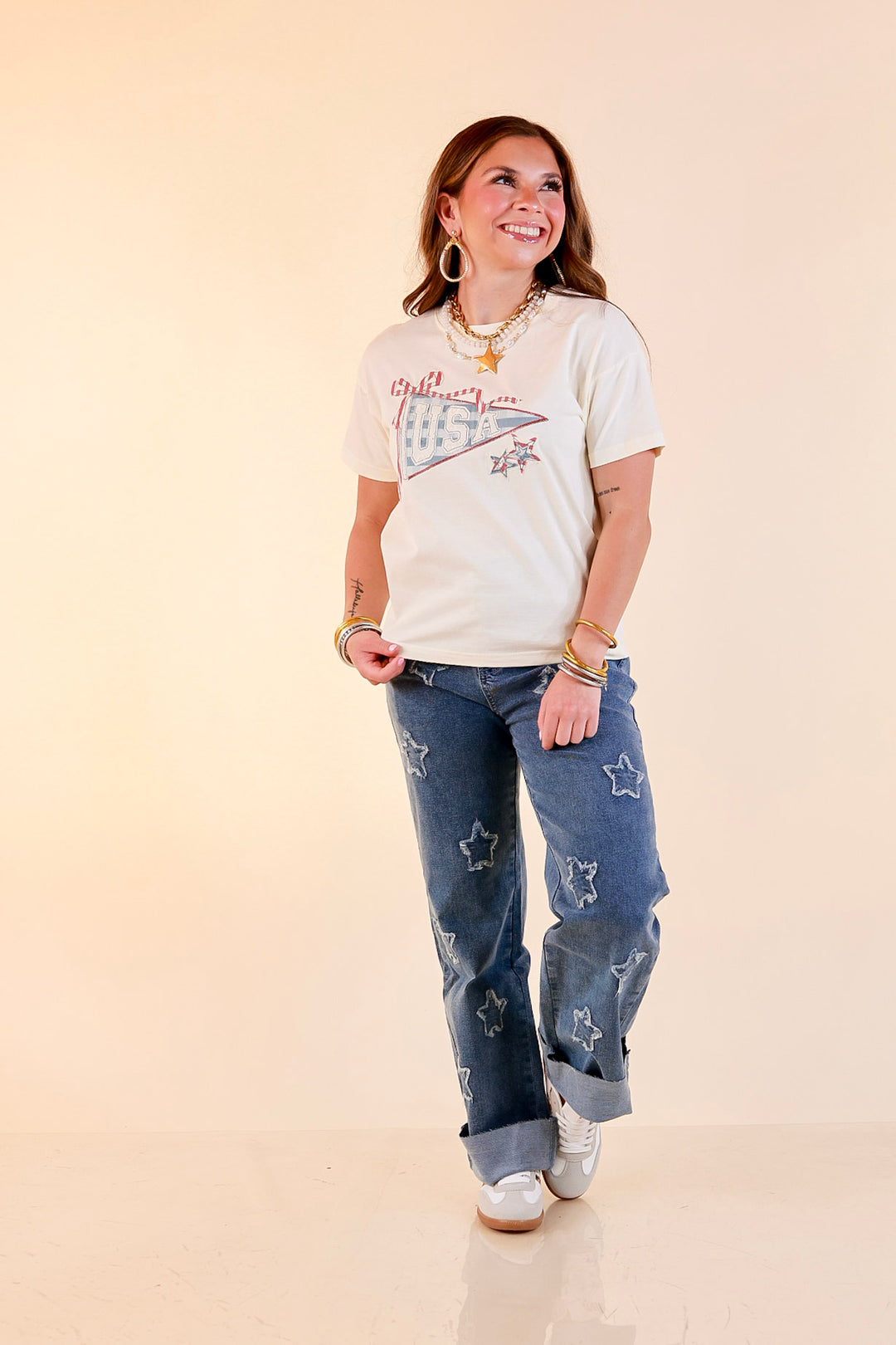 Simply Southern | American It Girl Short Sleeve Graphic Tee with USA Pennant Applique in Beige