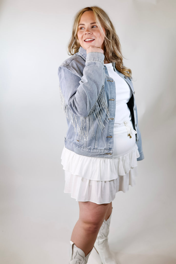 Like a Diamond Crystal Fringe Button Up Denim Jacket in Light Wash - Giddy Up Glamour Boutique