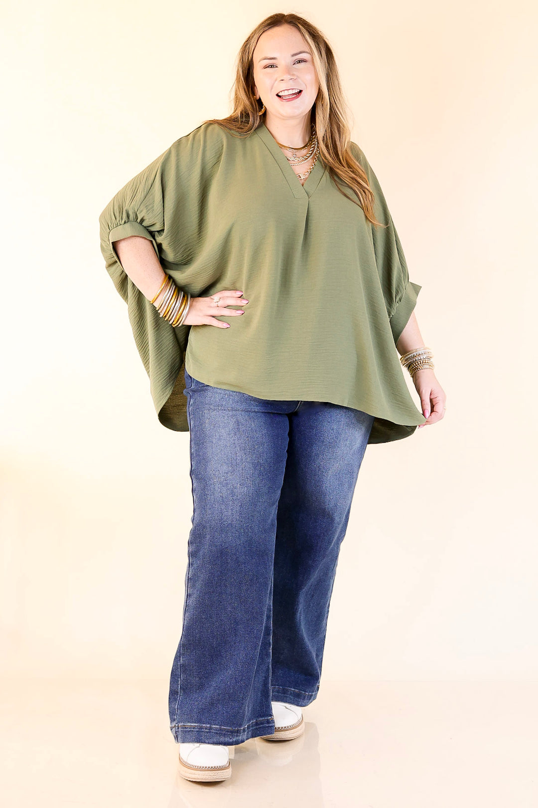 Elevated Basics V Neck Top with Half Sleeves in Olive Green