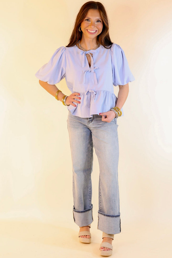 Simply Stunning Short Puff Sleeve Peplum Top with Bow Tie Detailing in Baby Blue