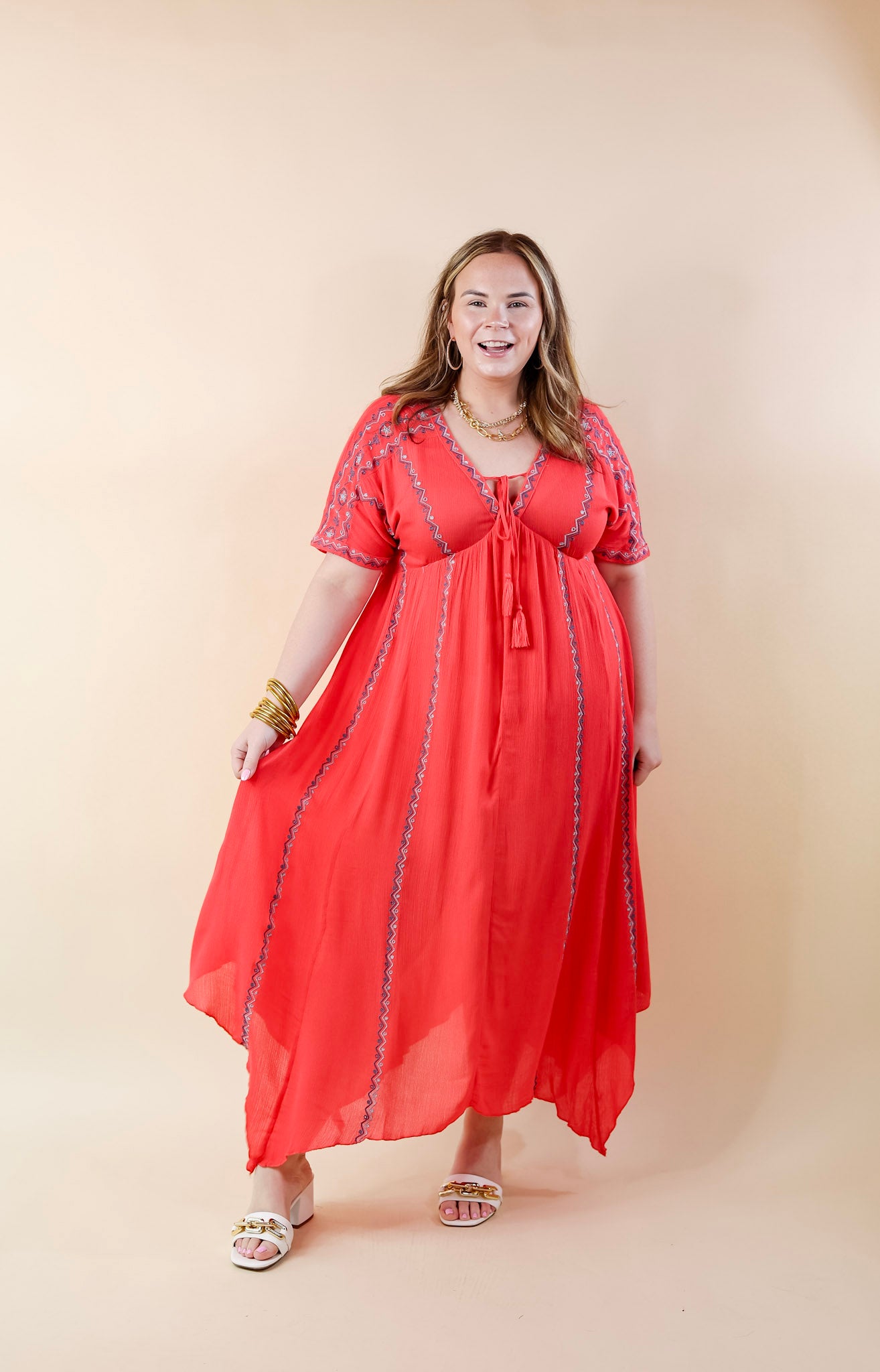 Just For You Embroidered Maxi Dress with Tassel Tie Neck in Coral - Giddy Up Glamour Boutique