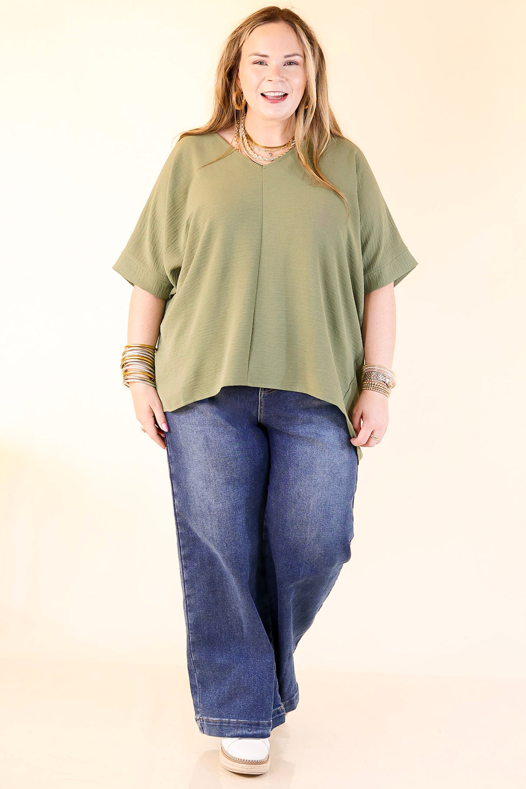 Classically Chic Short Sleeve V Neck Top in Olive Green