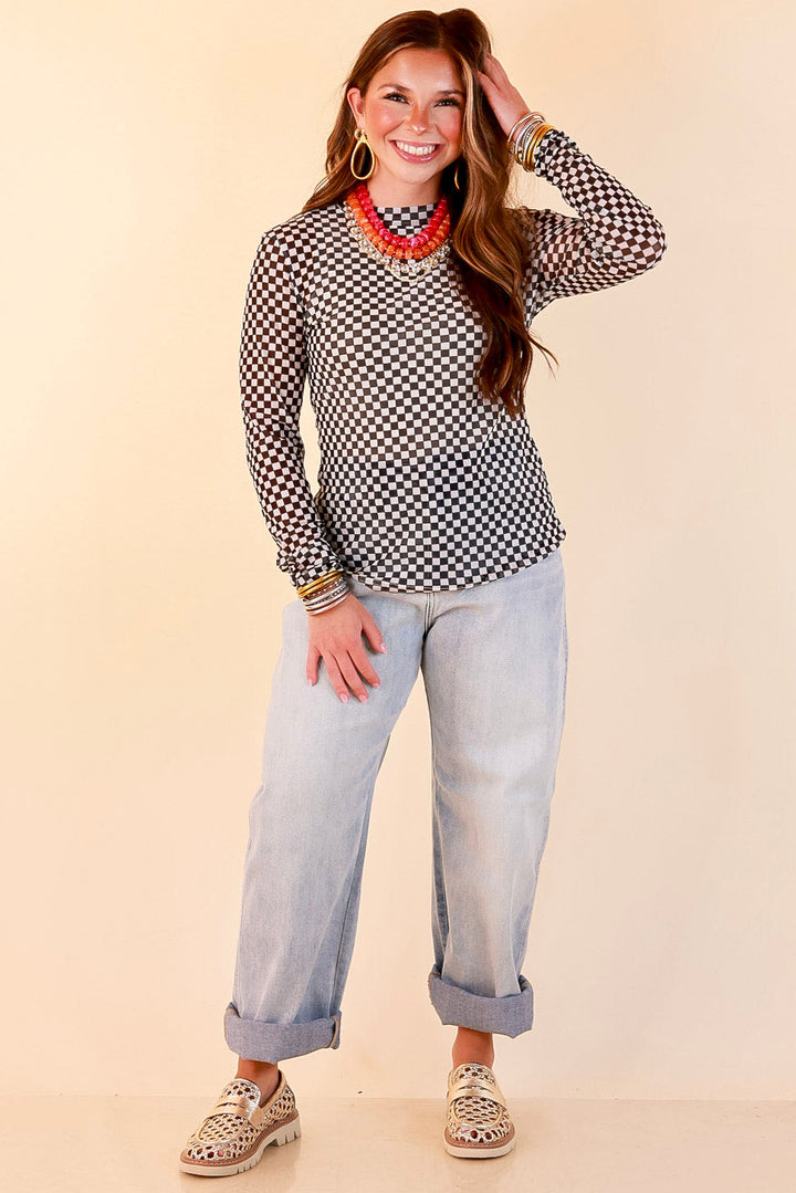 The Perfect Layer Checkered Print Sheer Mesh Long Sleeve Top in Black and White