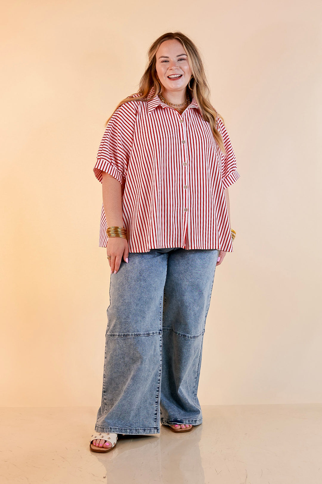 Effortlessly Aligned Button Down Collared Top with Vertical Ivory Stripe Detail in Red
