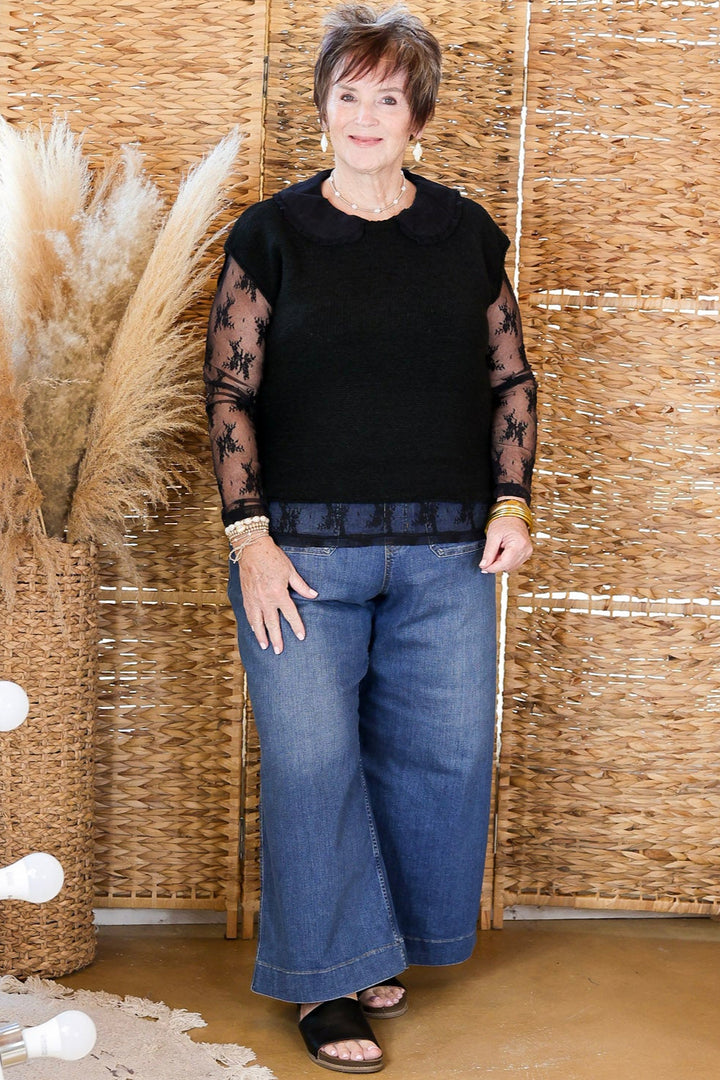 Pretty and Poised Floral Print Lace Top with Ruffle Collar in Black