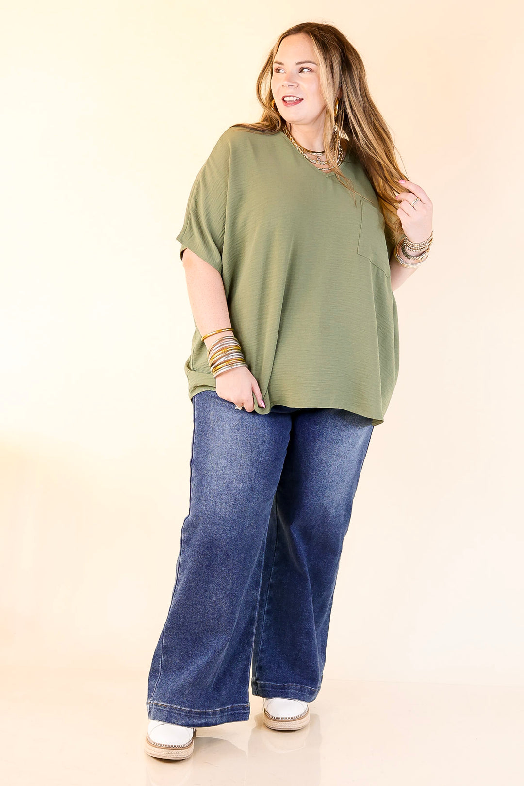 Try To Resist Short Sleeve V Neck Top with Front Pocket in Olive Green