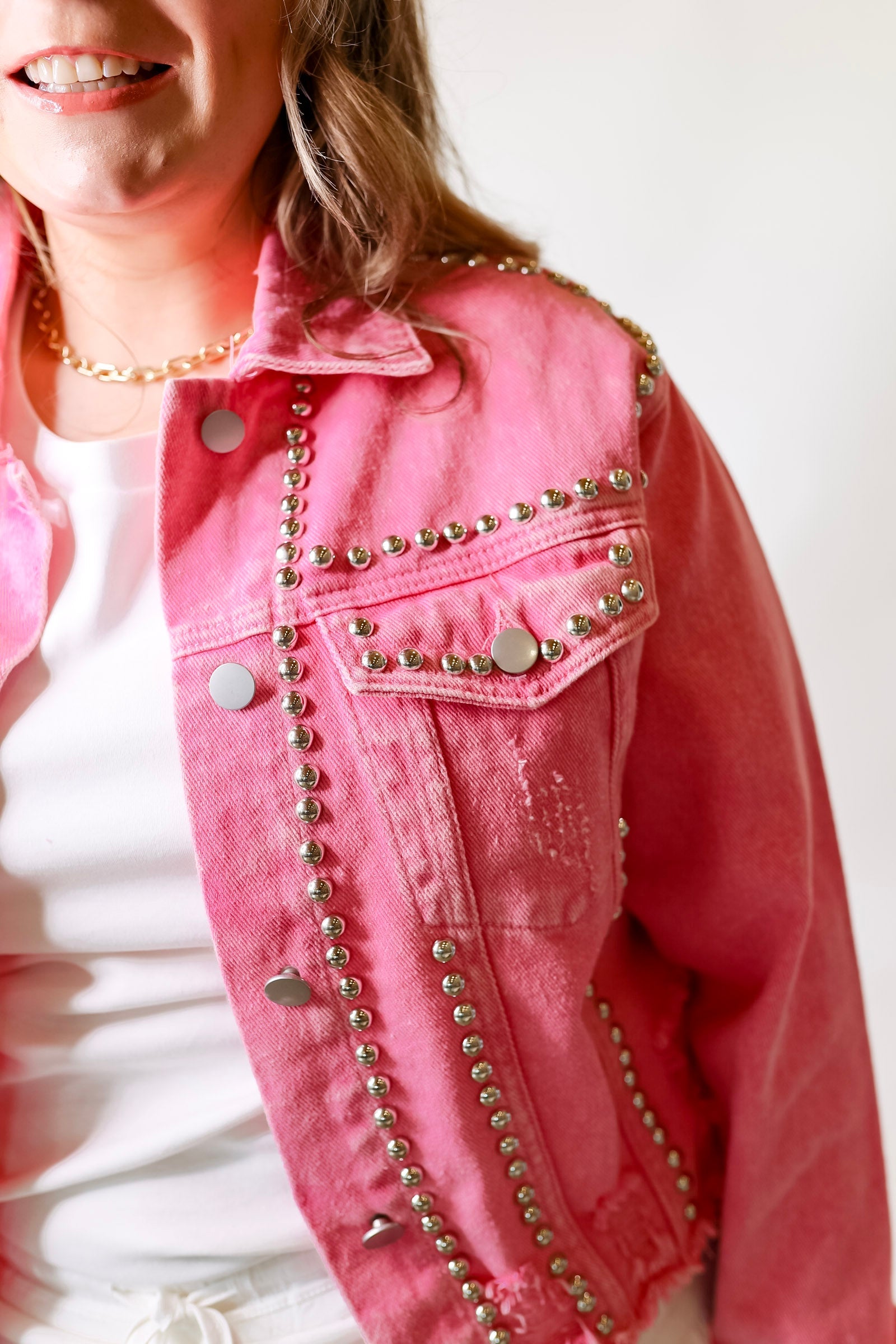 Instantly Impressed Cropped Denim Jacket with Silver Studs in Hot Pink - Giddy Up Glamour Boutique