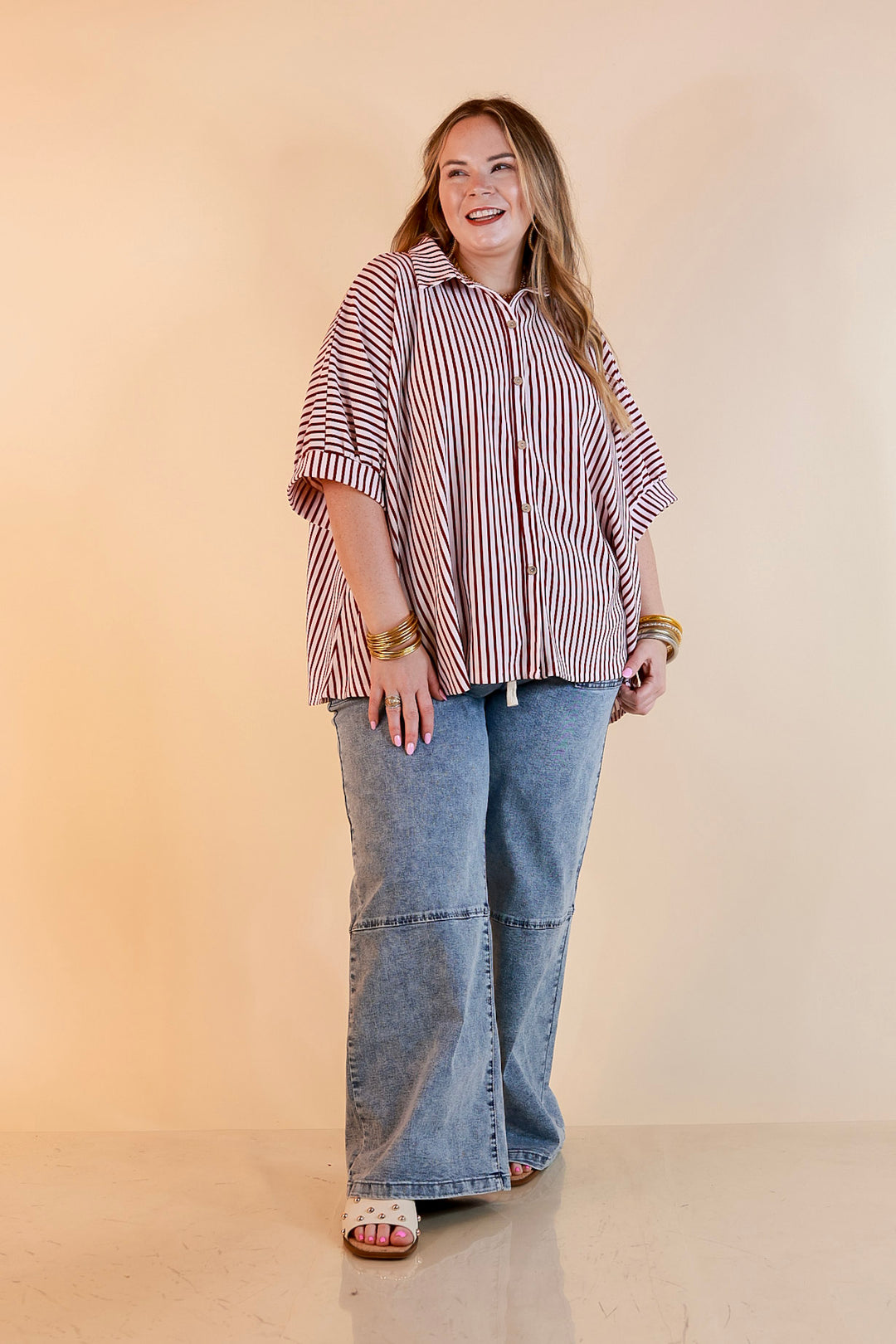 Effortlessly Aligned Button Down Collared Top with Vertical Ivory Stripe Detail in Maroon
