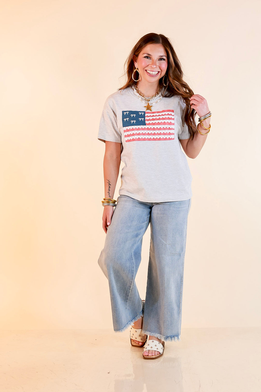 Simply Southern | American It Girl Short Sleeve Graphic Tee with Lace Flag Applique in Heather Grey