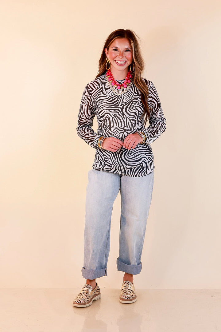 The Perfect Layer Zebra Print Sheer Mesh Long Sleeve Top in Black and White