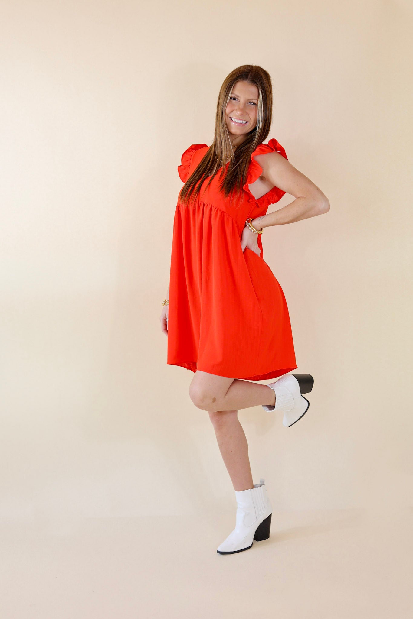 Capture Your Attention V Neck Dress with Ruffle Cap Sleeves in Red - Giddy Up Glamour Boutique