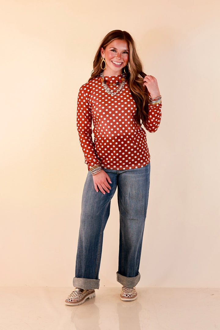 The Perfect Layer White Polka Dot Print Sheer Mesh Long Sleeve Top in Rust Orange
