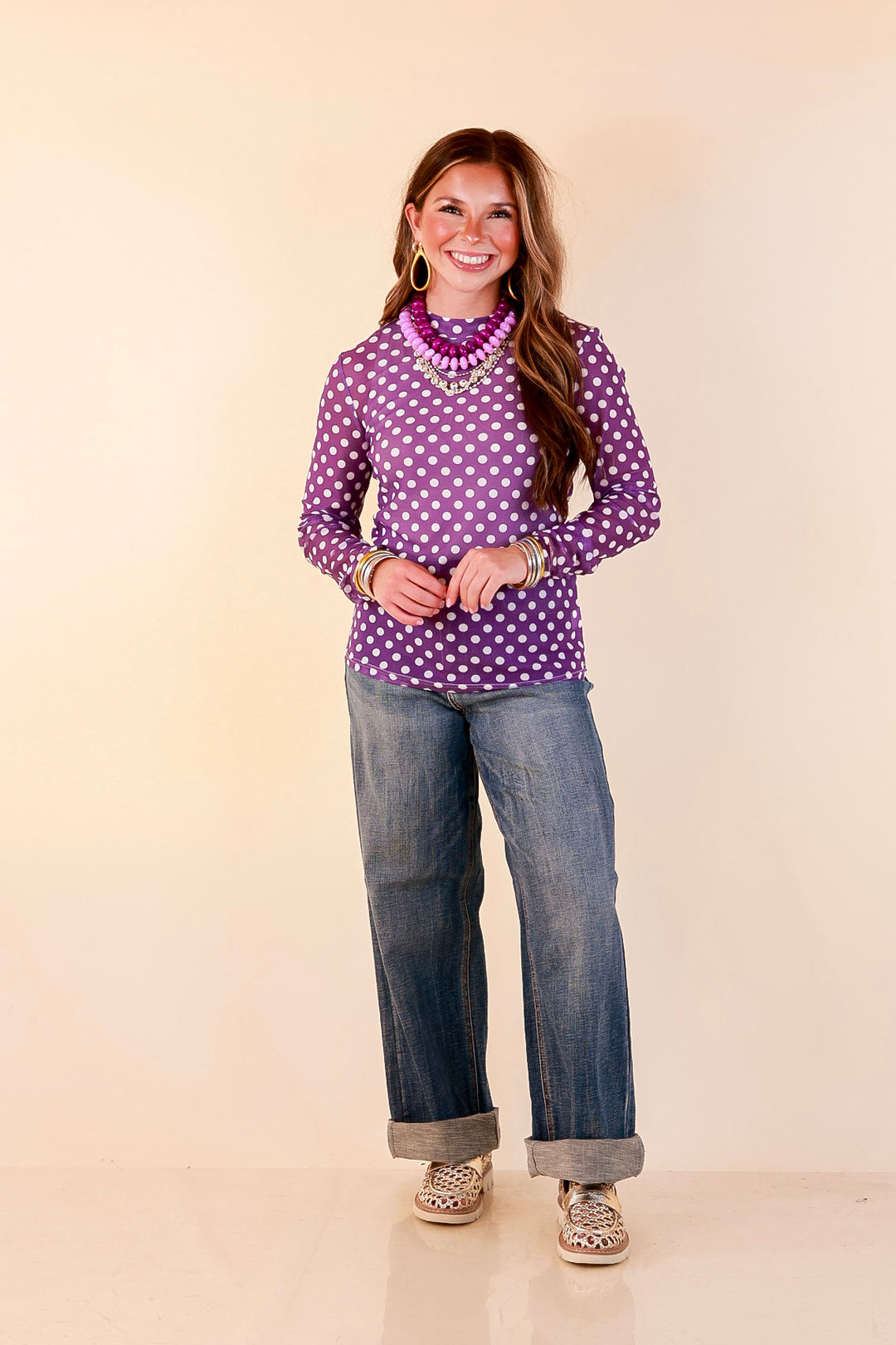 The Perfect Layer White Polka Dot Print Sheer Mesh Long Sleeve Top in Purple