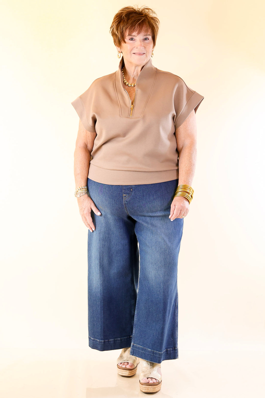 Top Priority Half Zip Collared Scuba Top in Light Taupe