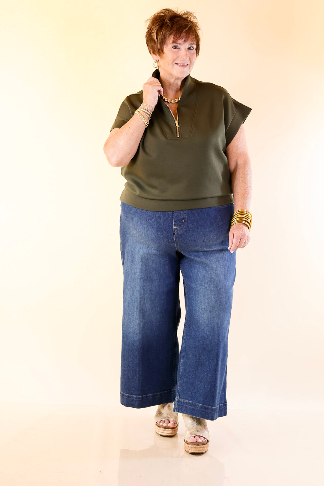 Top Priority Half Zip Collared Scuba Top in Olive Green