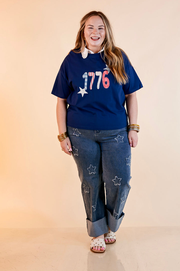 Simply Southern | American It Girl Short Sleeve Graphic Tee with 1776 Applique in Navy Blue