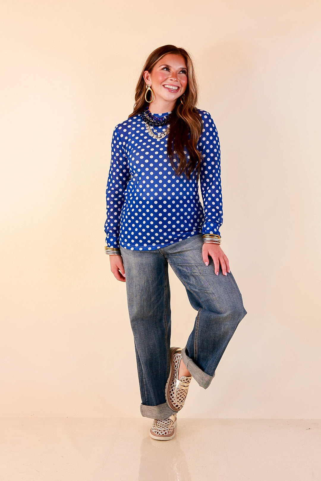 The Perfect Layer White Polka Dot Print Sheer Mesh Long Sleeve Top in Royal Blue