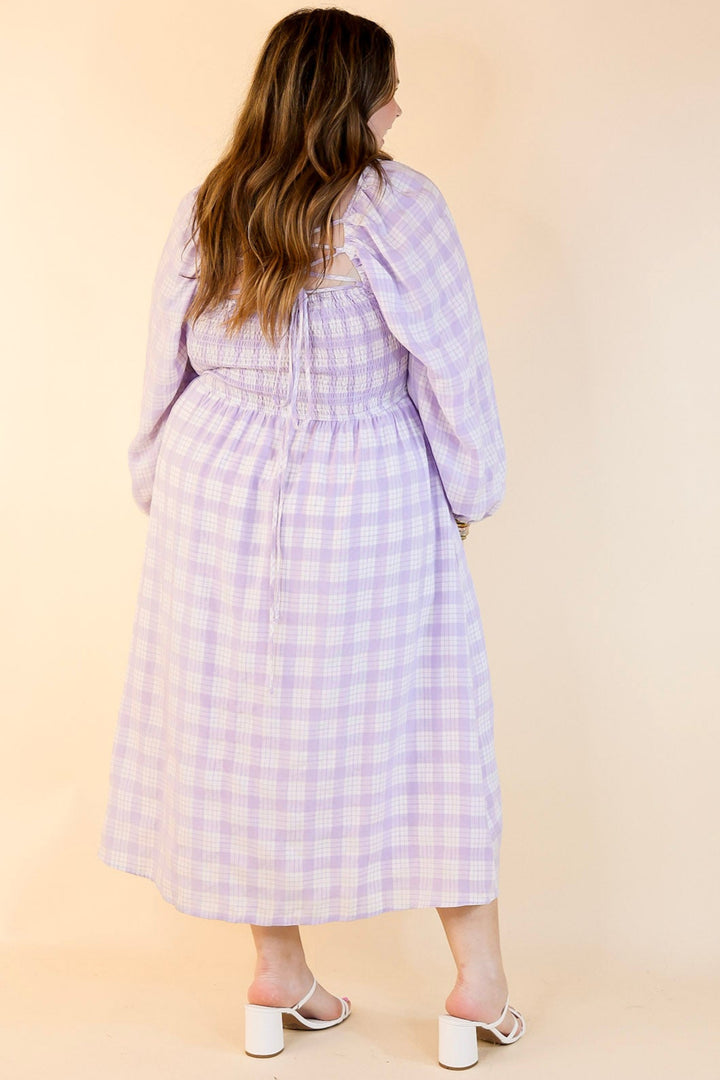 Adorable Impression Plaid Midi Dress with Smocked Bodice in Lavender Purple