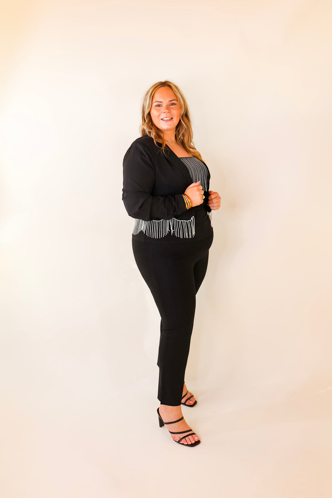 Time For Magic Cropped Blazer with Crystal Fringe Trim in Black - Giddy Up Glamour Boutique