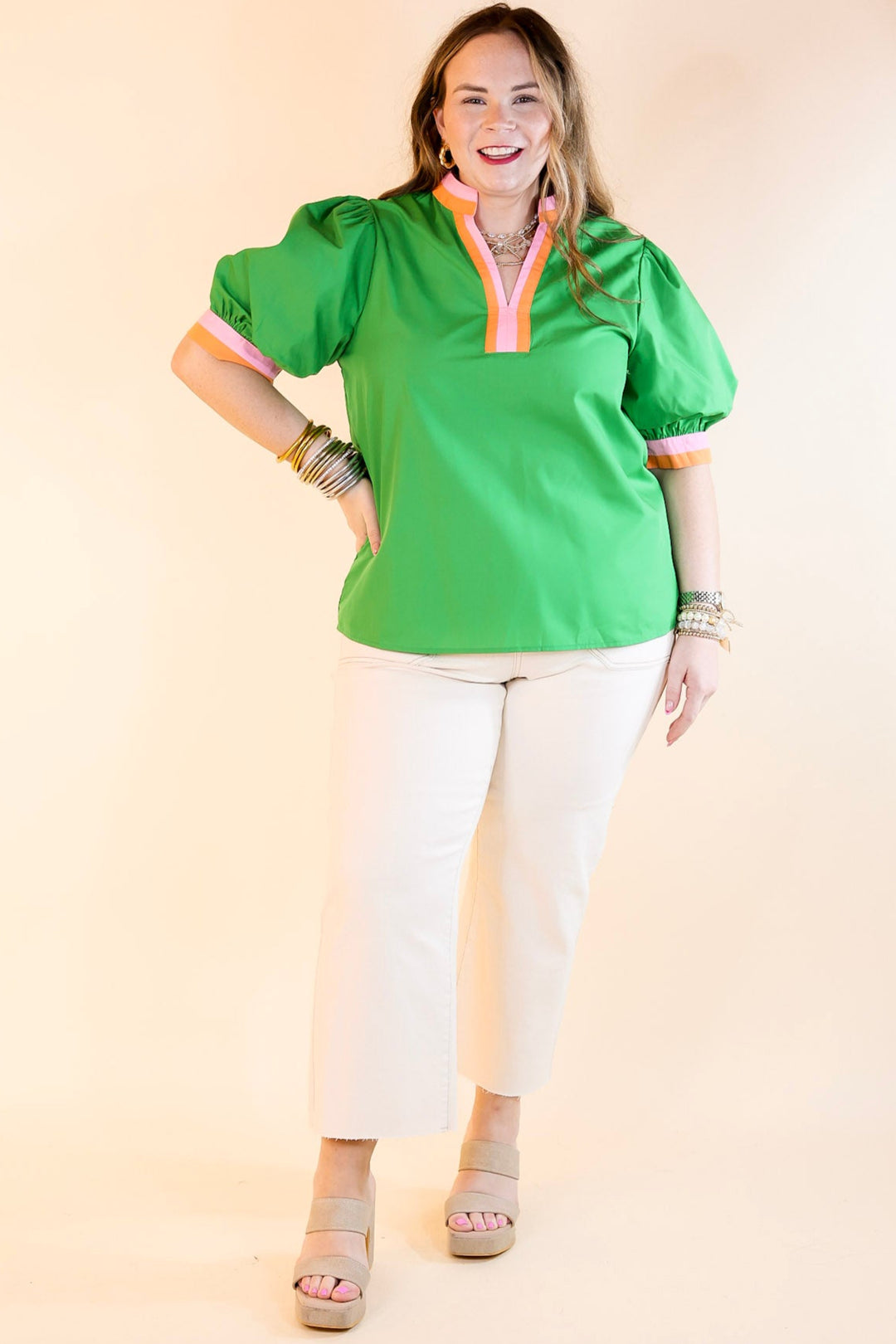 Standout Style V Neck Top with Short Balloon Sleeves in Green