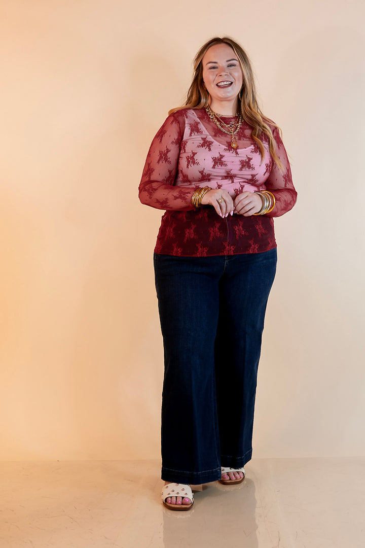 Delicate Charm Long Sleeve Sheer Lace Top with Mock Neck in Maroon