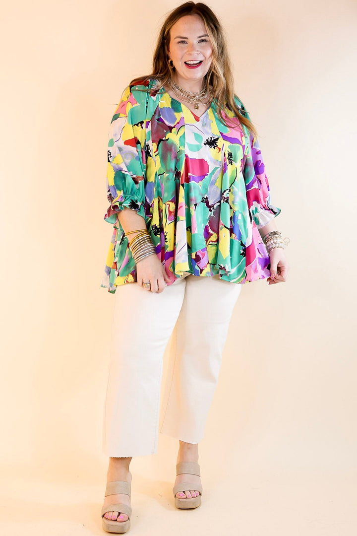 Blooming Love Floral V Neck Top with Half Sleeves in Green Mix