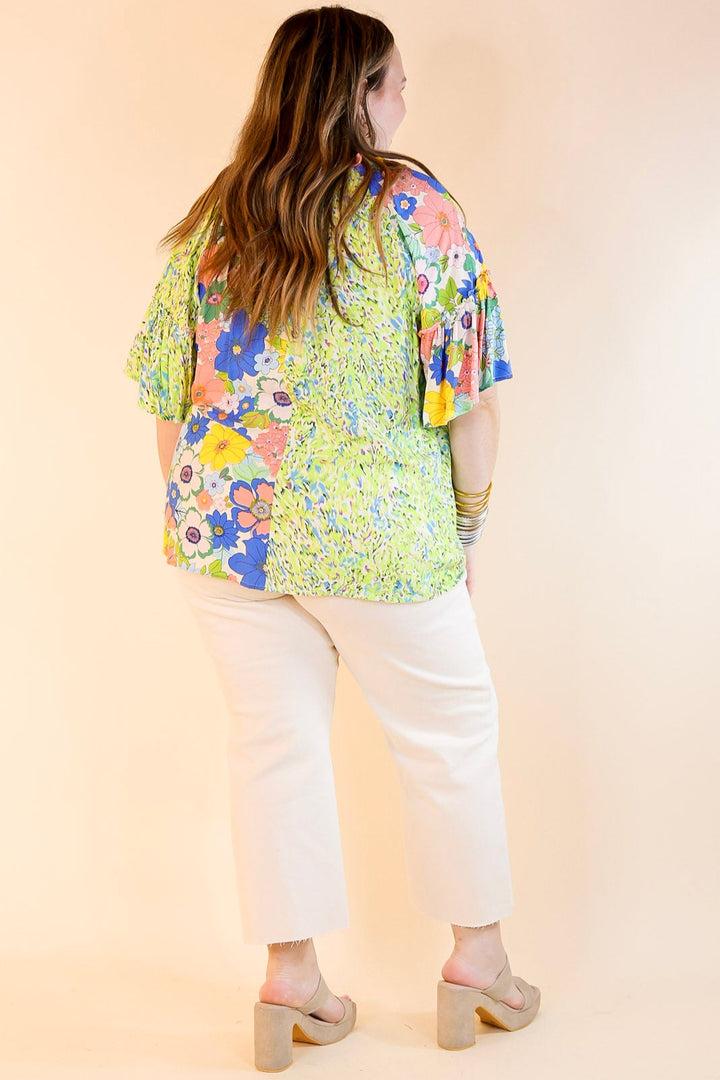 Double Time Abstract Print and Floral Print Top in Green and Blue