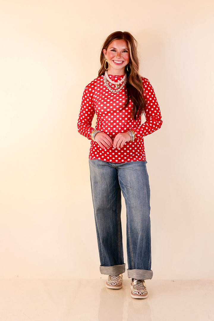 The Perfect Layer White Polka Dot Print Sheer Mesh Long Sleeve Top in Red