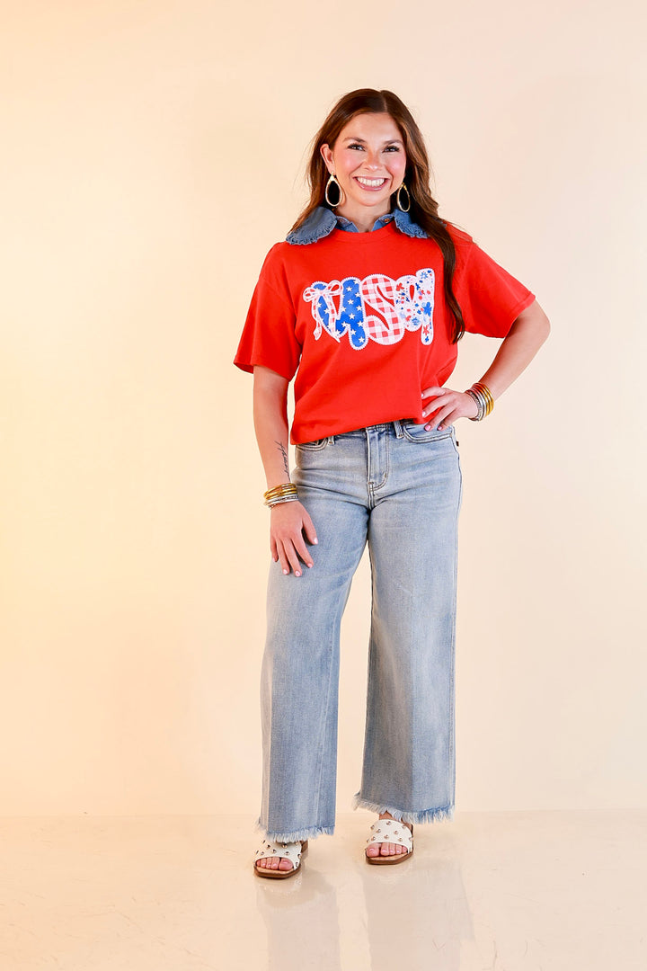 Sweet Land of Style USA Coquette Short Sleeve Graphic Tee with Bow Detailing in Red