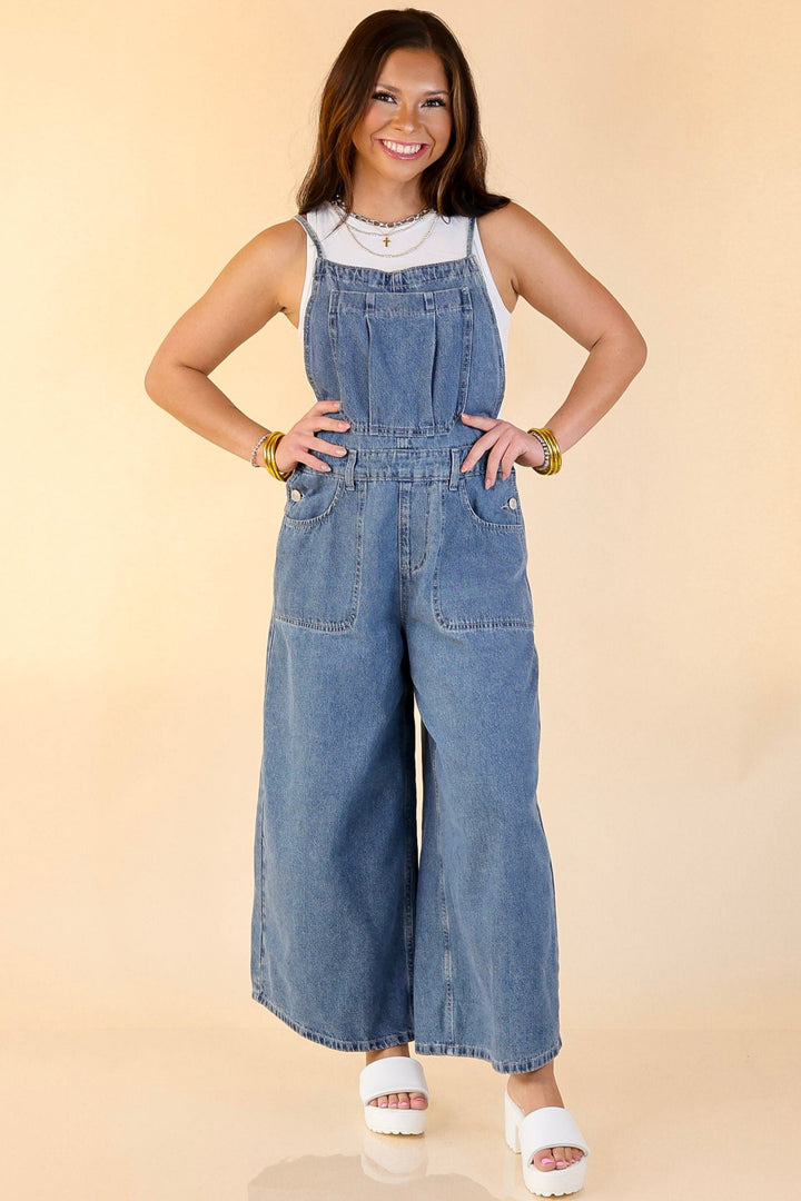 True Classic Wide Leg Denim Overalls in Medium Wash