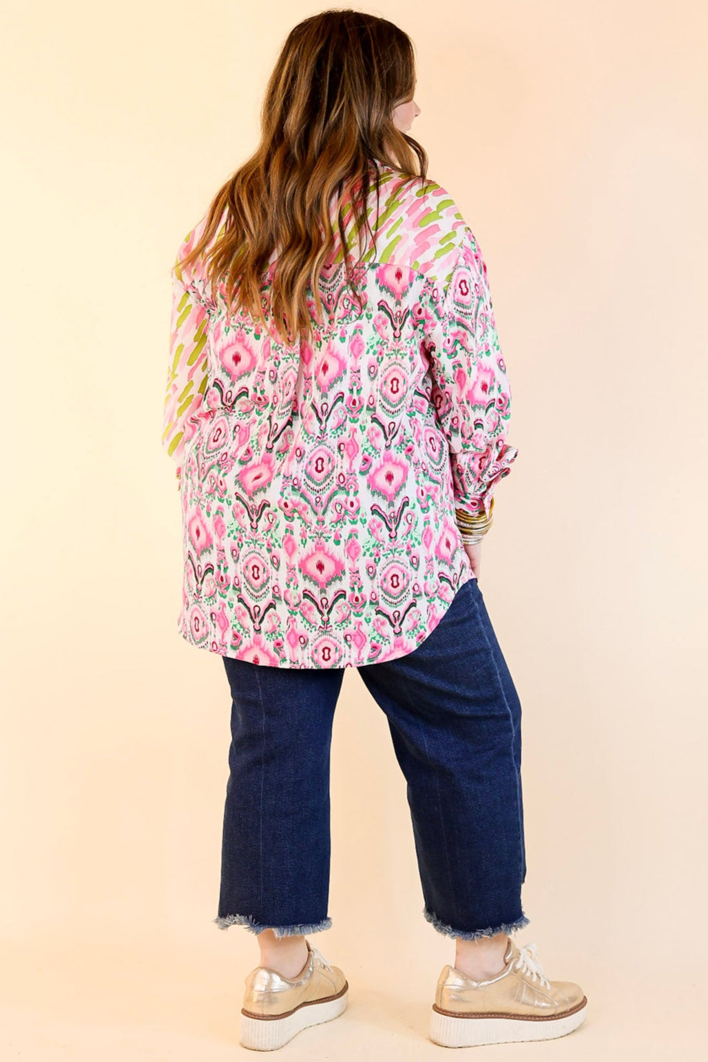 Sensational Flair Button Up Mix Print Top in Green and Pink