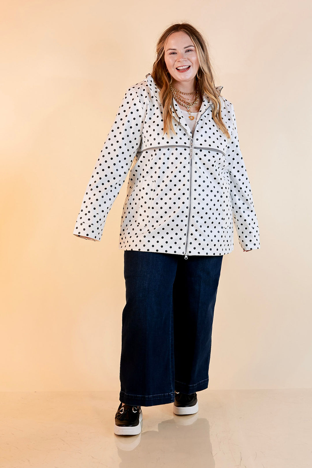 Lulu Mac | Chic Forecast Black Polka Dot Hooded Rain Jacket in Ivory