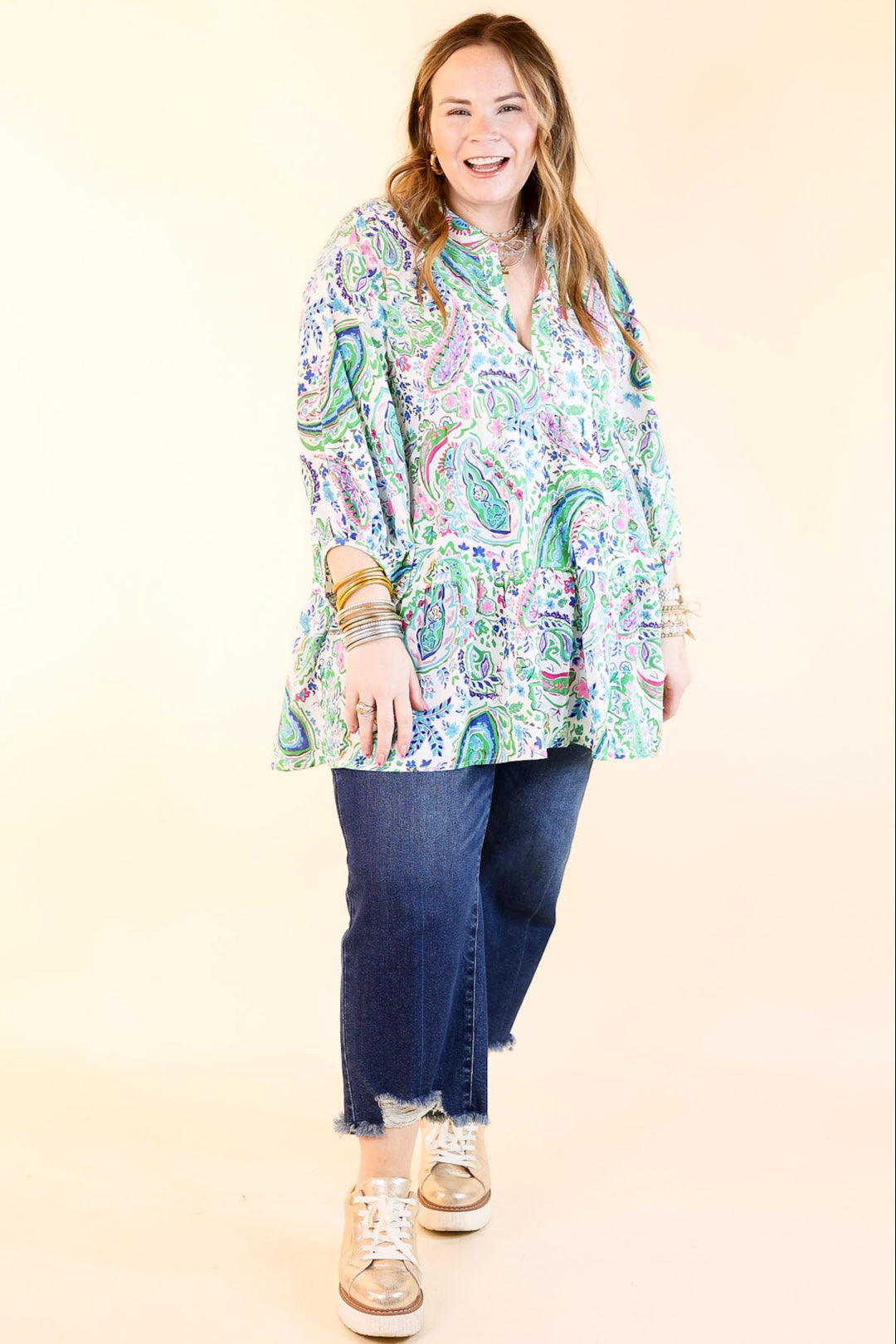 Meadow Melody Paisley Tiered Babydoll Top in Green Mix