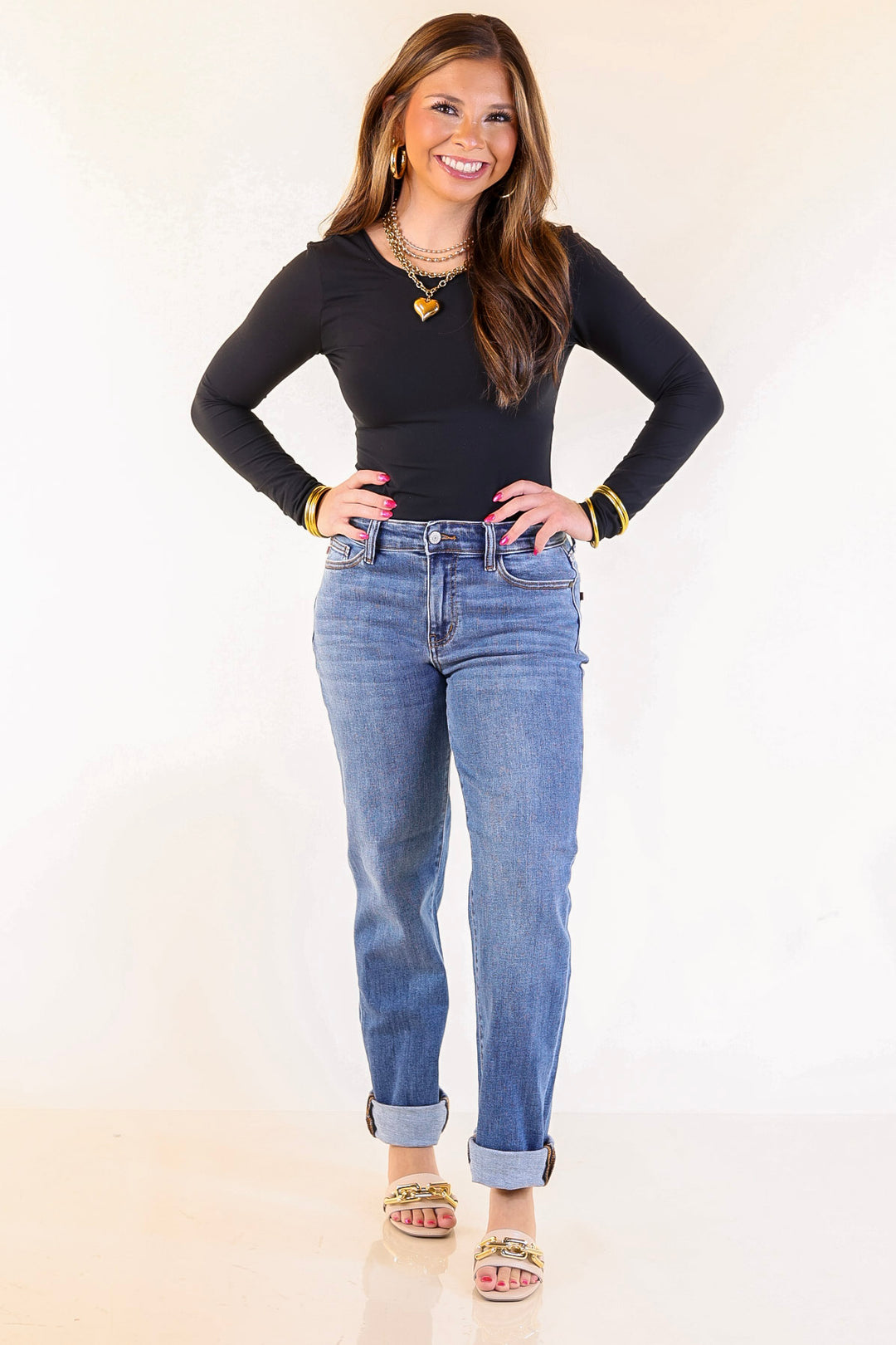 Judy Blue | Simple Sophistication Classic Cuffed Boyfriend Denim Jeans in Medium Wash