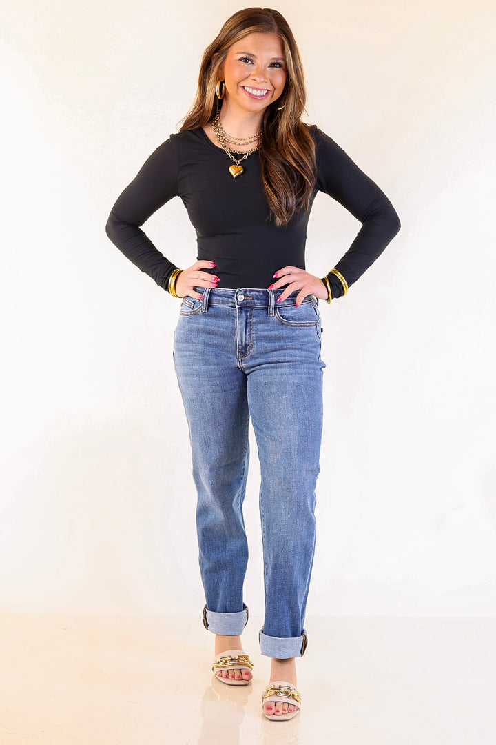 Judy Blue | Simple Sophistication Classic Cuffed Boyfriend Denim Jeans in Medium Wash