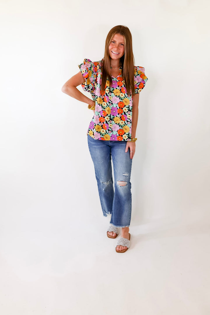 Pretty Days Floral Notched Neckline Top in Black - Giddy Up Glamour Boutique
