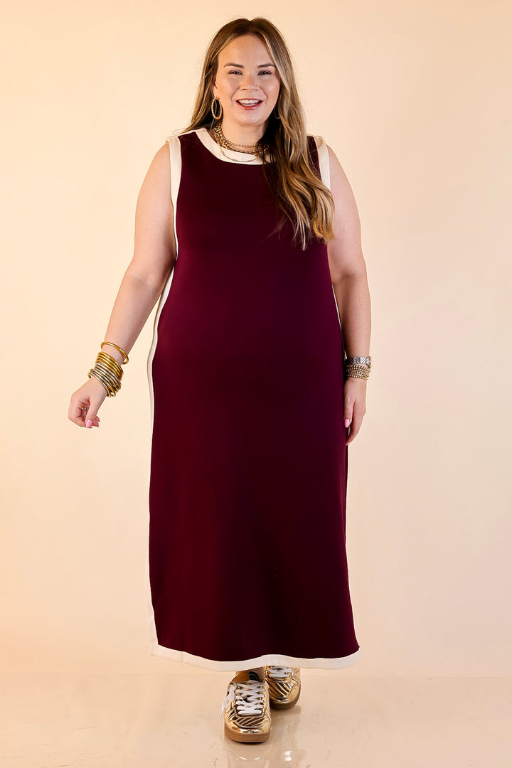 Chic Direction Solid Sleeveless Knit Midi Dress with Ivory Trim in Maroon