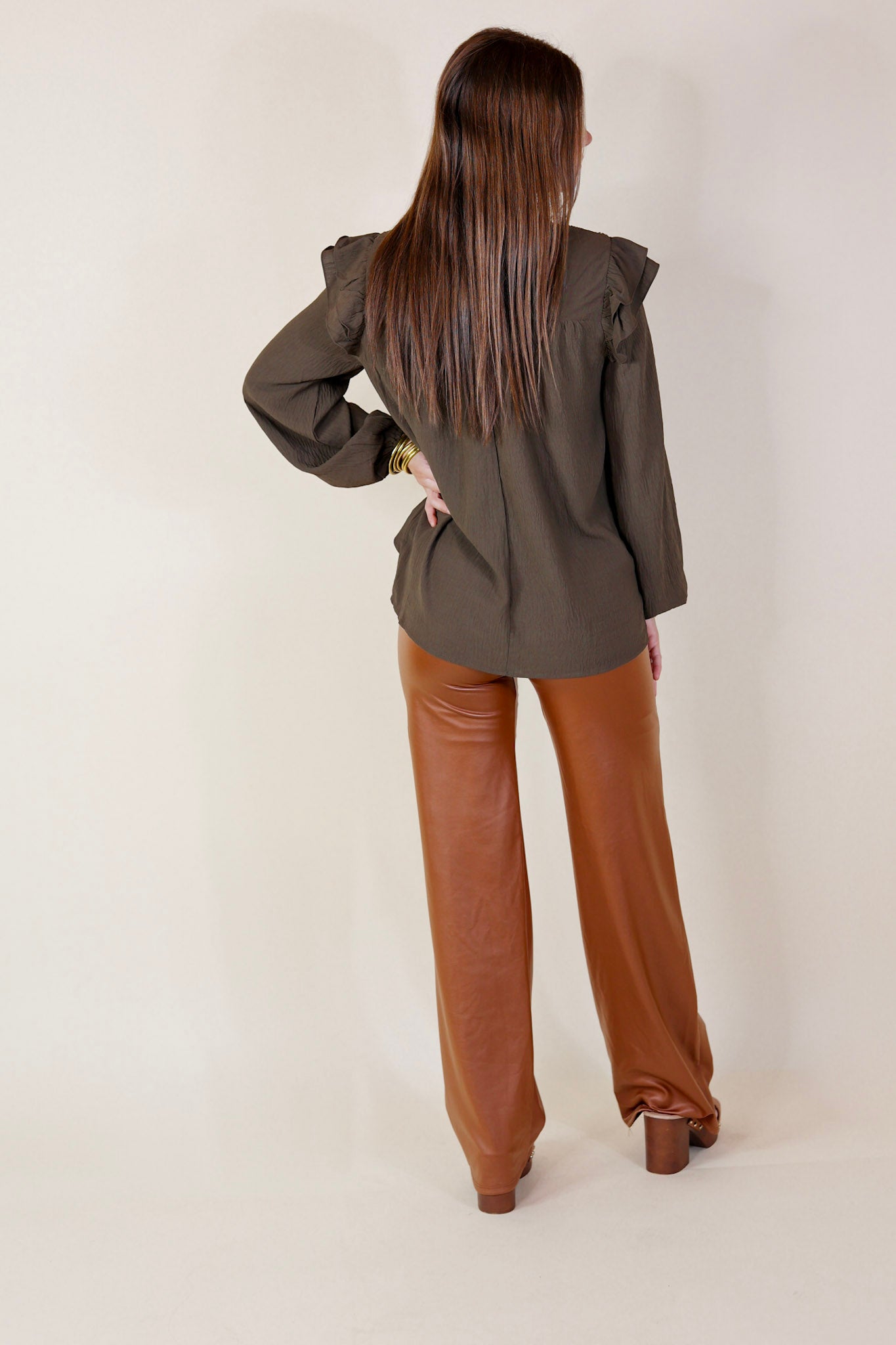 Balcony Nights Ruffle Shoulder Long Sleeve Blouse in Olive Brown - Giddy Up Glamour Boutique