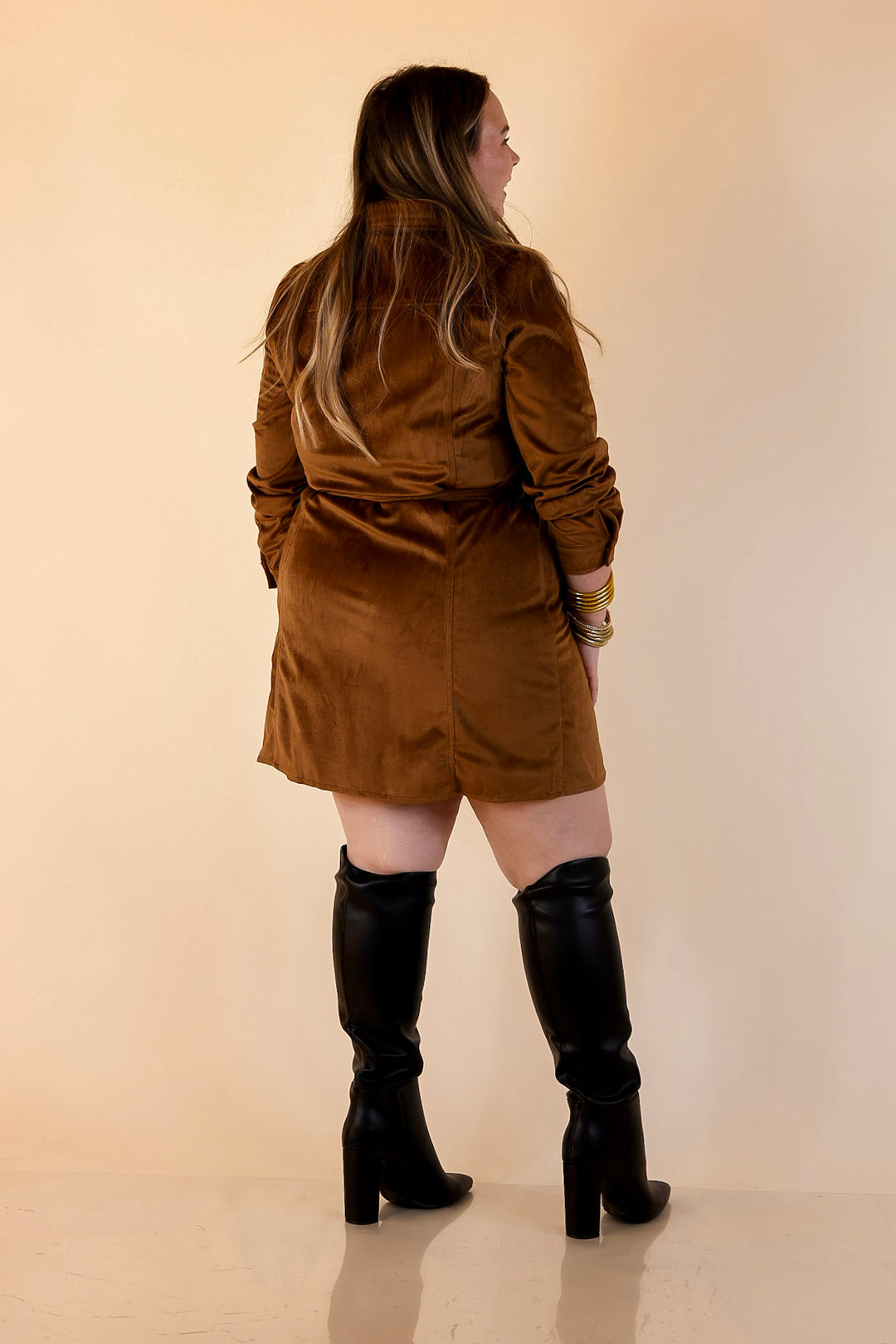 Free And Flirty Suede Button Up Dress with Waist Tie in Camel Brown