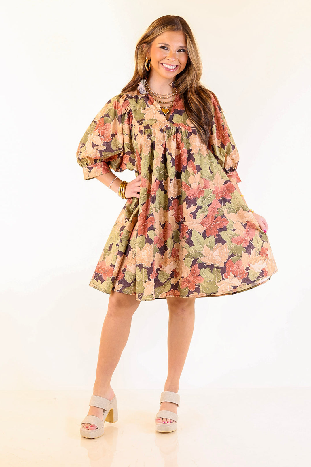 Endless Possibilities Floral Babydoll Dress with Puff Sleeves in Beige, Navy and Rust