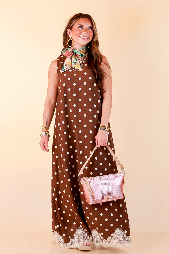 Sweet Little Something Polka Dot Sleeveless Maxi Dress with Lace Trim in Chocolate Brown