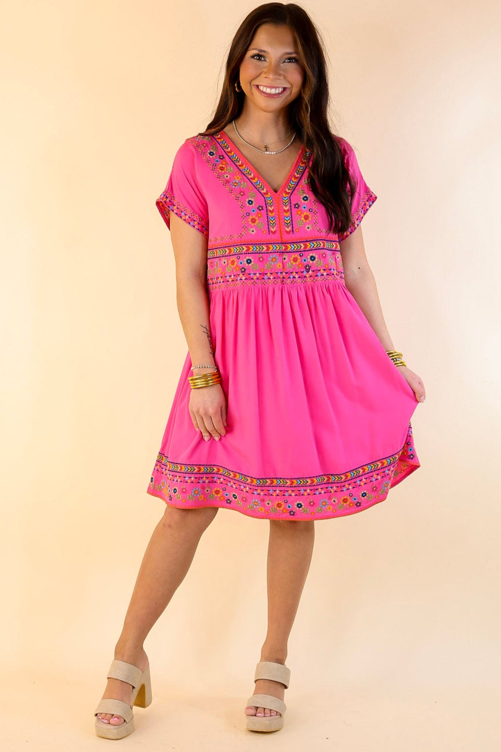 Passing Through V Neck Embroidered Dress with Short Sleeves in Pink
